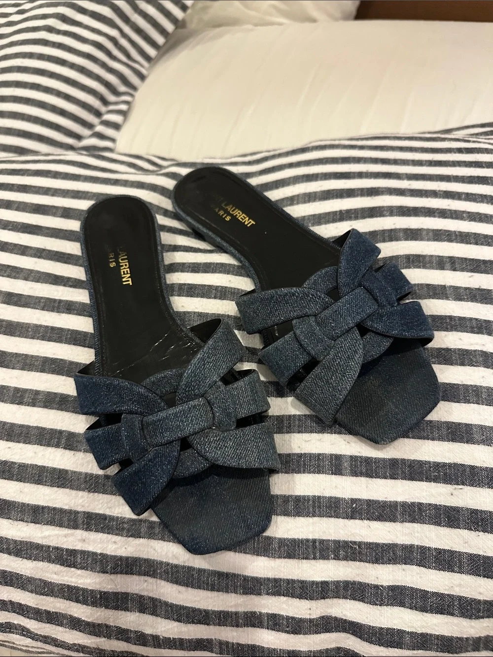 Saint Laurent Tribute Slides Dark Blue Denim Knot Slide Mules - Picture 1 of 9